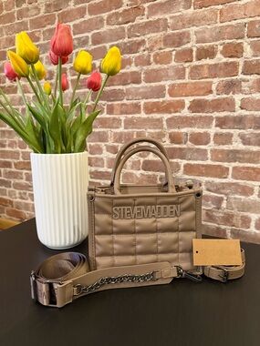 Steve Madden Quilted Top-Handle Purse with leather & chain-detail straps